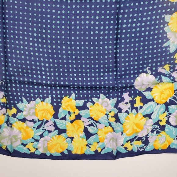 Vintage Silk Scarf Square Blue Yellow Floral Polka Dot 29"  Hand Rolled - Picture 4 of 10